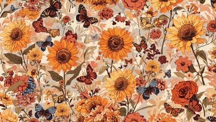 Flowery design with 70s motifs, vibrant hues and nature elements, suitable for editorial backgrounds