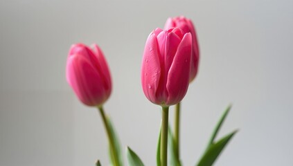 Obraz premium Vertical close-up of three pink tulips, ideal for editorial backgrounds