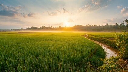 Fototapeta premium Thailand's fields illuminated by warm sunlight, seasonal change