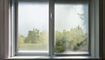 minimalist white window frame with translucent panels filtering soft daylight