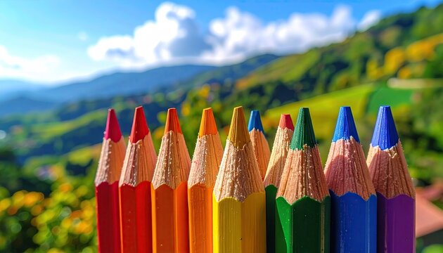 Colorful Pencils Arranged in a Rainbow Spectrum Outdoors with Green Hills and Blue Sky in the Background