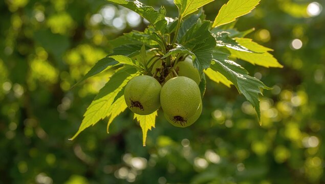 Closeup of green maple fruits, observation of seasonal change