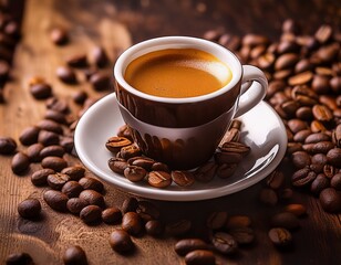 a cup of espresso surrounded by coffee beans on a rustic wooden surface evoking warmth