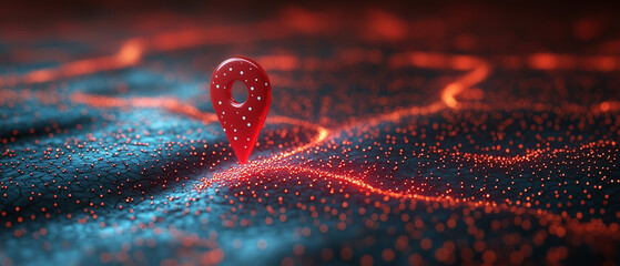 Vibrant red location pin on a digital map illuminated with glowing lines and dots, illustrating connectivity and technology ai, location, pin, map, digital, technology, navigation, connectivity, glowi