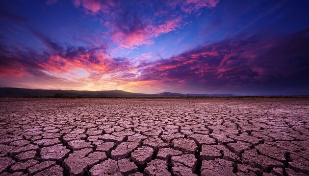 dried cracked earth under dramatic purple blue clouds - Powered by Adobe