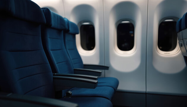 Empty airplane seats await passengers. Blue chairs are ready for flight. Interior has airplane windows. Transport prepared for journey. Business class ready for boarding. Travel time is coming soon. - Powered by Adobe