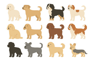 Set of twelve adorable stylized domestic dogs of various breeds and fur colors