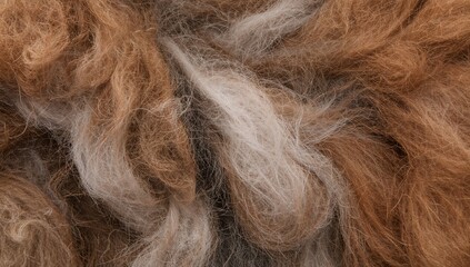 Fototapeta premium Closeup view of natural alpaca wool fleece showcasing brown, gray, and white fibers, emphasizing sustainable resources, warmth concept