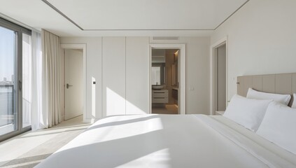 Modern apartment interior featuring a bedroom and bathroom, showcasing a minimalist design, efficient use of space