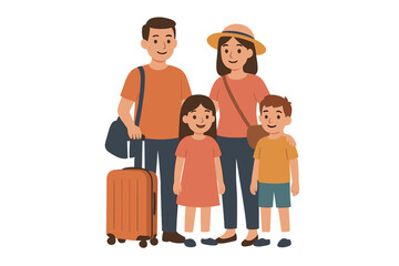 Cheerful family of four portrait ready for vacation travel with luggage