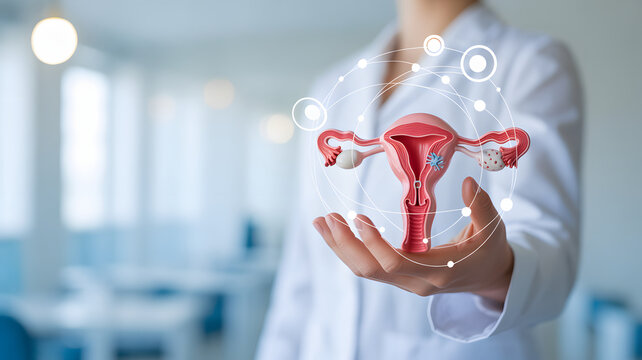 Advanced reproductive technology shown with modern uterus model in doctor's hand, highlighting innovation in women's healthcare and fertility solutions