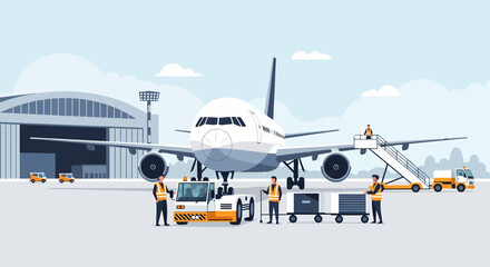 Airport Scene With Aircraft And Ground Support Equipment Illustration