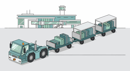 Airport Luggage Transfer Vehicle With Suitcases By Terminal Building