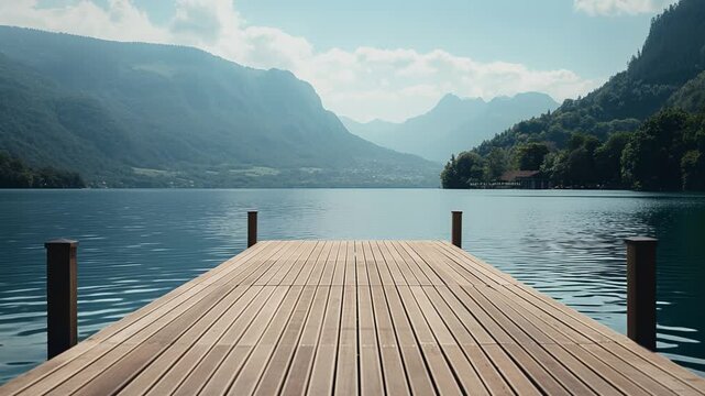 Serene wooden pier on mountain lake landscape