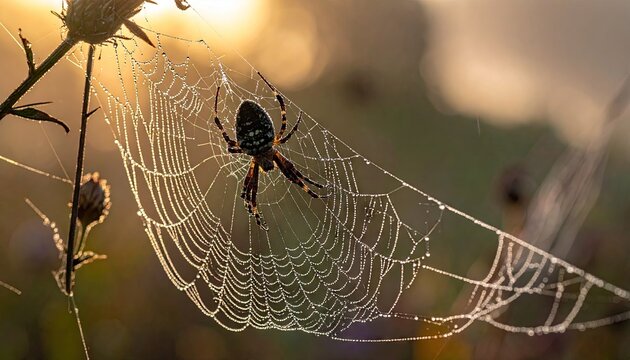 Detailed Macro Shot Of A Spider Sitting On A Dew Covered Web At Sunrise With Soft Golden Backlight And Bokeh Effect
