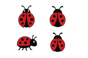 Four simple cartoon ladybug symbols in red and black colors isolated on a white background