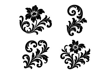 Four vintage baroque floral ornamental design elements in black silhouette