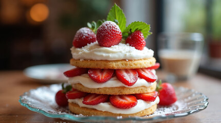 Delicious fresh strawberry shortcake dessert with sweet cream and fruit topping. beautiful pastry on plate in cafe