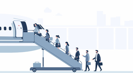Corporate Passengers Boarding Airplane Using Mobile Stairs For Business Travel