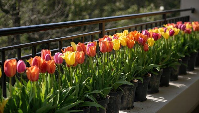 Tulip pots bask in sunlight on a balcony, enhancing outdoor springtime beauty