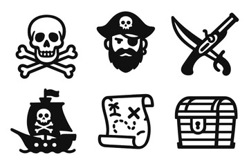 Classic pirate adventure symbols featuring skull and crossbones, captain, ship, treasure map, and chest
