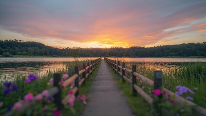 Serene pathway framed by a rustic wooden fence leads to a tranquil lake at sunset, reflecting vibrant colors and seasonal change