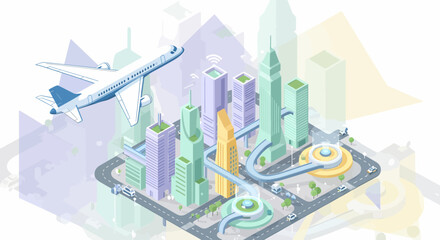 Isometric Cityscape With Airplane Concept Of Modern Urban Life