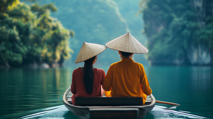 Couple enjoying a tranquil boat ride in scenic Vietnam, embracing travel and cultural exploration under traditional hats with breathtaking nature views