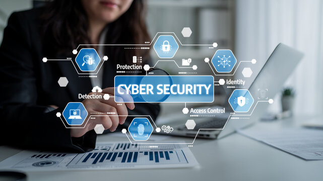 A professional working on cyber security strategies highlighted through visual icons and charts, emphasizing the importance of protection, detection, and access control in today digital world. Tessel