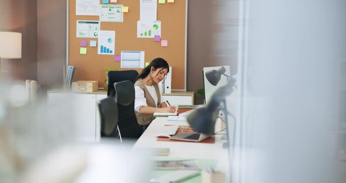 Writing, computer and research with business woman in office for budget report, planning and review. Account manager, profit charts and bookkeeping with employee in agency for funding proposal