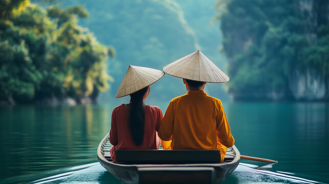 Couple enjoying a tranquil boat ride in scenic Vietnam, embracing travel and cultural exploration under traditional hats with breathtaking nature views - Powered by Adobe