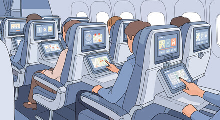 Passengers Enjoying Inflight Entertainment During An Airplane Flight