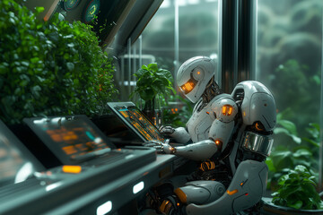 Robot interacting with technology in a futuristic greenhouse during daylight hours ai, robot, greenhouse, technology, plant, care, digital, display, futuristic, humanoid, workstation, data, analysis, 