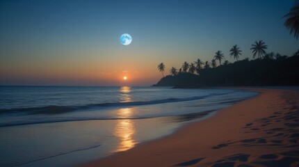  Blue moon rises above a serene and tranquil beach, casting gentle, soft reflections across warm, golden sands, under a calm, tropical dusk with a warm, golden glow, where the sky