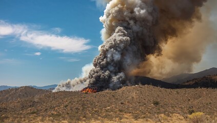 Column of smoke rising into the sky from burning dry hills, erosion risk