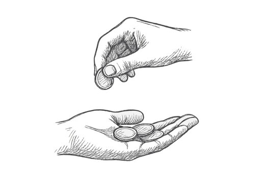 Exchange of money between two hands with one giving a coin and the other receiving payment