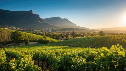 Fototapeta premium Aerial perspective of vineyards in mountainous terrain, ideal for landscape photography