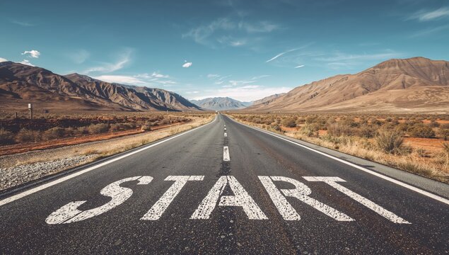 On the empty path of the mountain, the word start is etched, signifying new beginnings