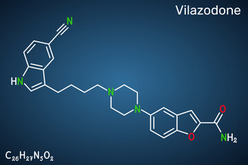 Vilazodone molecule, SERT inhibitor and 5-HT1A receptor partial agonist, antidepressant drug. Structural formula. Dark blue background. Vector illustration