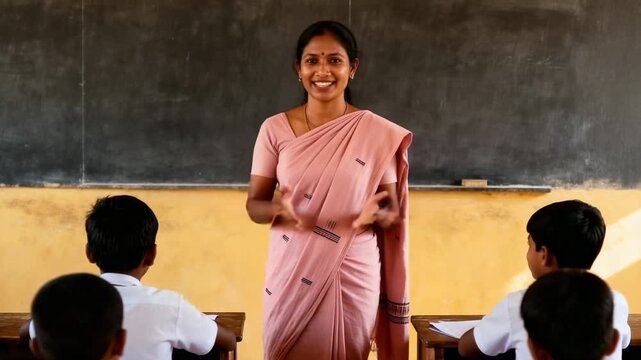 An Indian female teacher teaches students in a rural classroom. A woman in a sari explains a lesson in front of a chalkboard. Education and empowerment concept