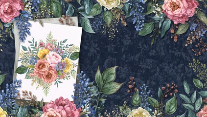 Watercolor floral arrangement featuring blush pink, blue, and yellow flowers with green leaves and branches, suitable for wedding invitations and decorative backgrounds.