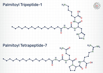 Polyacyl anti-aging cosmetic peptides palmitoyl tripeptide-1 and palmitoyl tetrapeptide-7 molecule. Sheet of paper in a cage. Vector illustration
