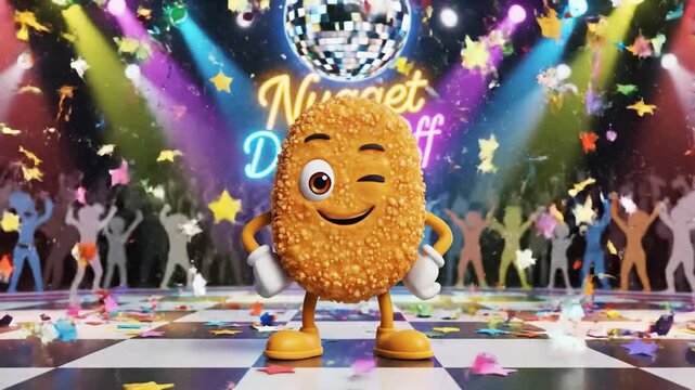 Animated chicken nugget dancing on disco floor with stage lighting