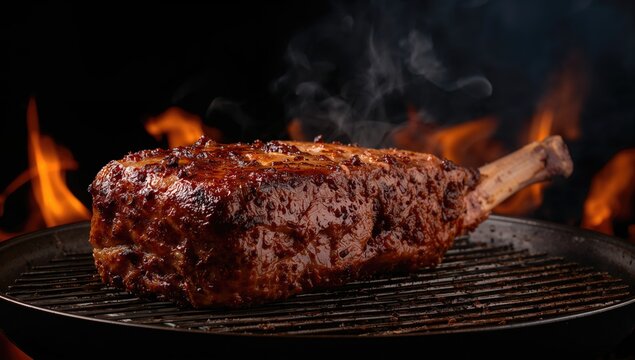 Large cut of fresh pork rib on a grill pan, protein-rich meal, cooking occasion