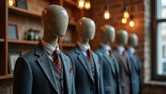 Row of mannequins showcase vintage suits. Fashion display presents formal menswear. Retro style apparel exhibited with classic ties. Mannequins dressed in stylish suits fill designer showroom. Retail - Powered by Adobe