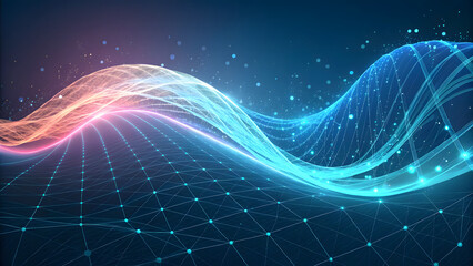 Abstract digital wave of light and data flowing through space