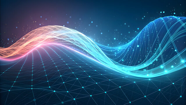 Abstract digital wave of light and data flowing through space