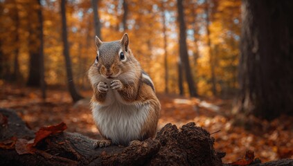 Obraz premium Siberian Chipmunk cleaning itself among autumn foliage, seasonal change