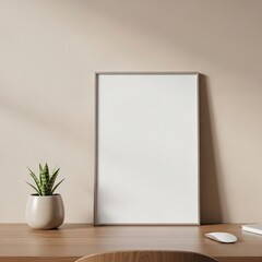 Modern Workspace with Empty Vertical Frame, Green Plant on Wooden Desk
