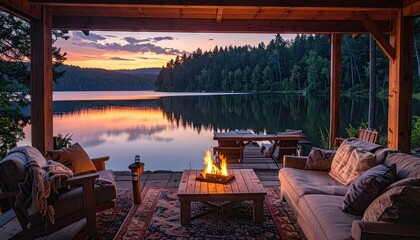 Cozy Lakeside Cabin Porch at Sunset with Crackling Fire Pit and Serene Water Reflections